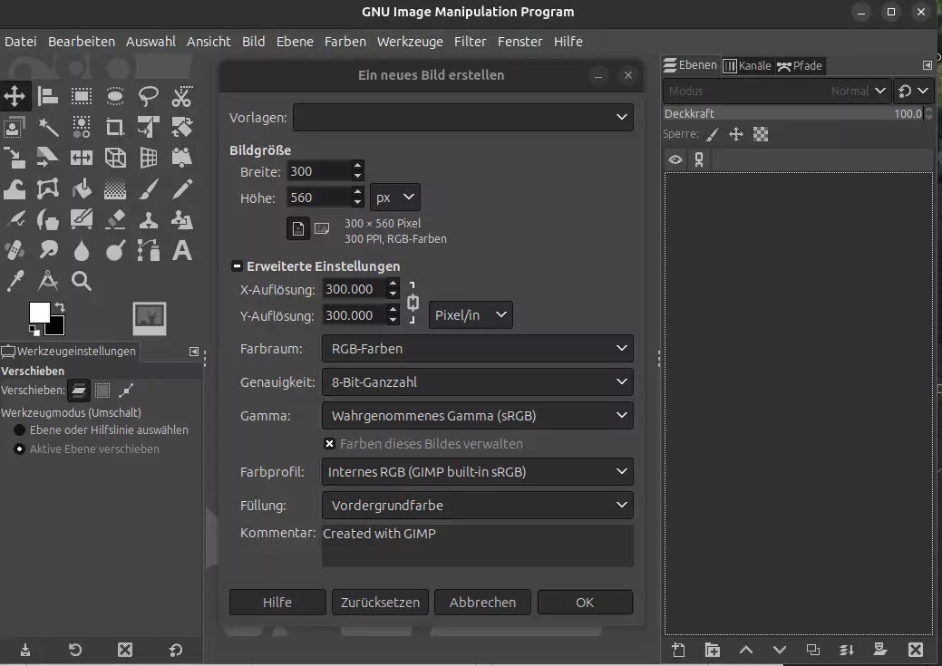 Gimp: Datei>Neu