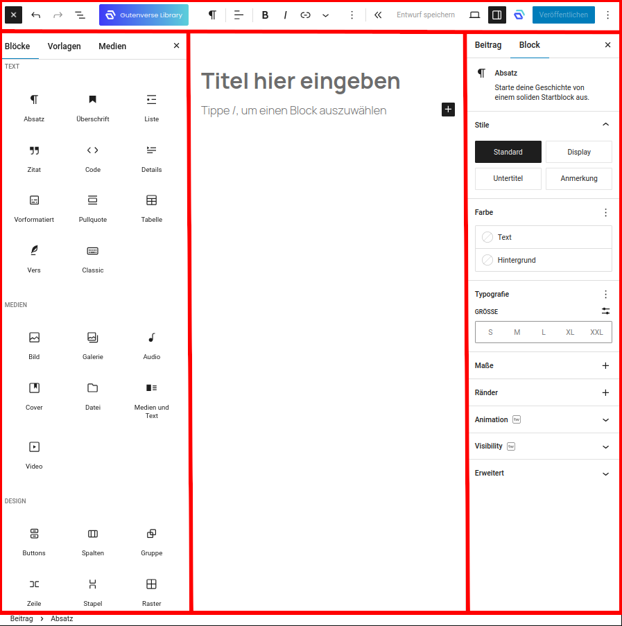 WordPress-Editor für die Bearbeitung von Blöcke, Vorlagen, Medien